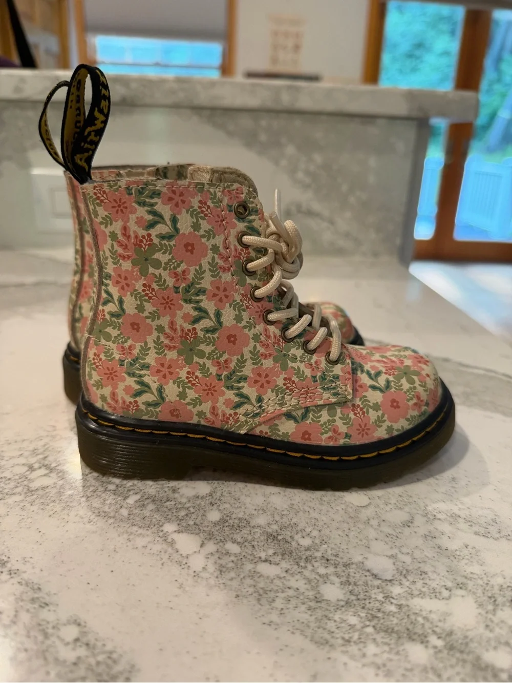Dr. Martens Kids Floral Lace-Up Boots in Cream and Pink